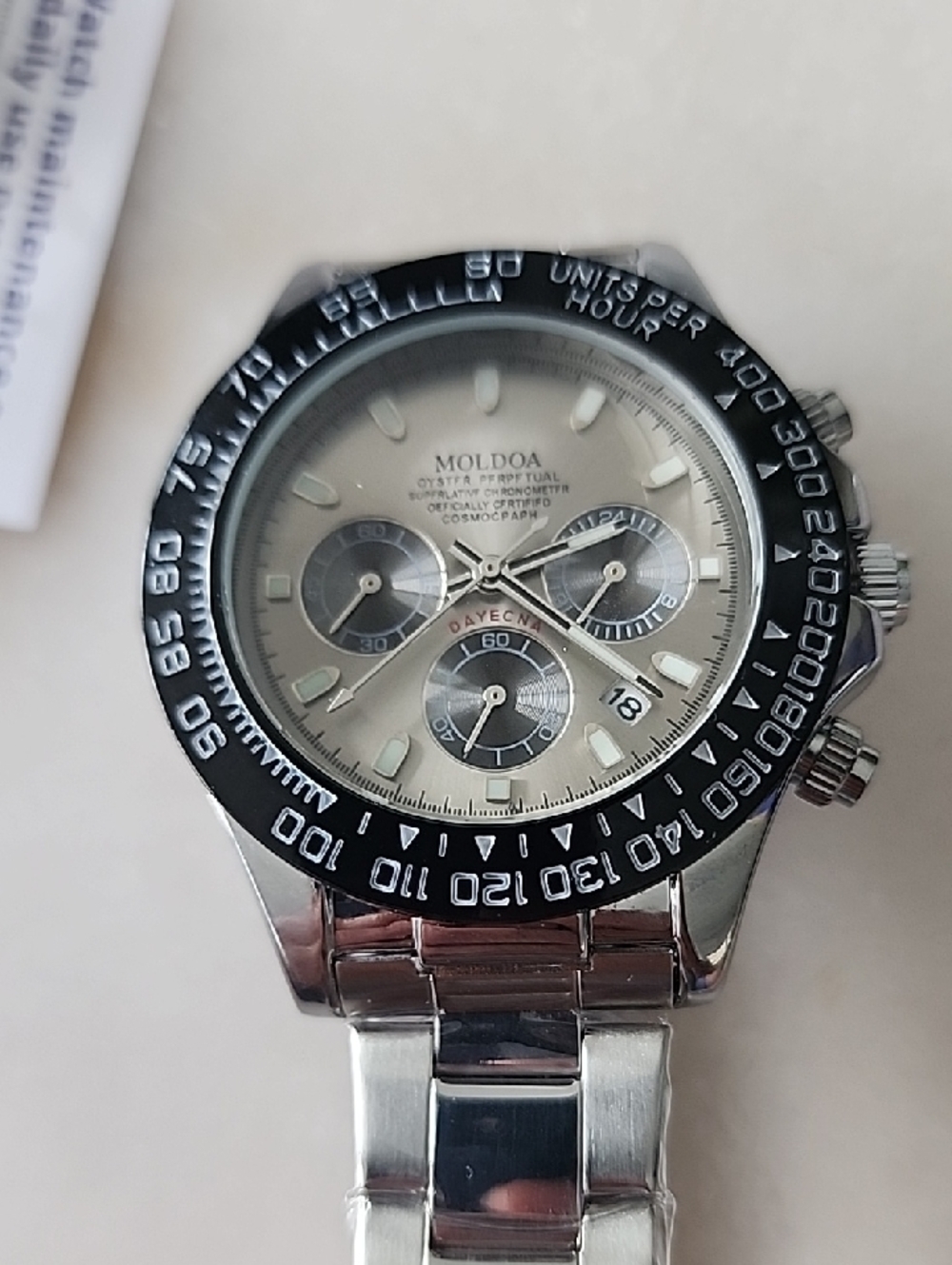 MOLDOA Silver Chronograph Watch with Black Bezel